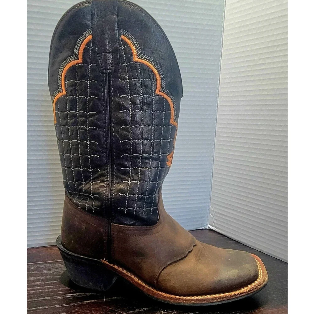 Old West Boy's Boots Size 2.5 D Brown Leather BSC1865 Plaid Top Orange
